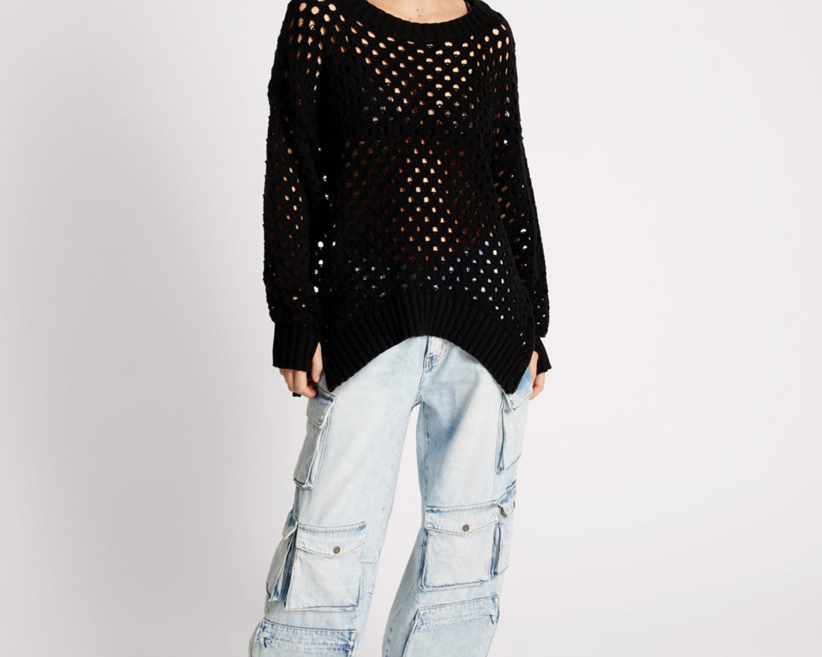 Knitted Fishnet Zip Side Sweater - Black