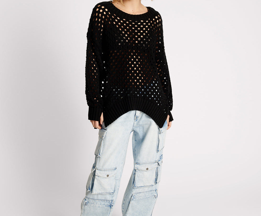 Knitted Fishnet Zip Side Sweater - Black