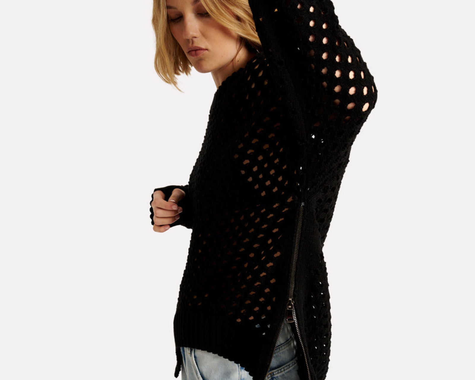 Knitted Fishnet Zip Side Sweater - Black