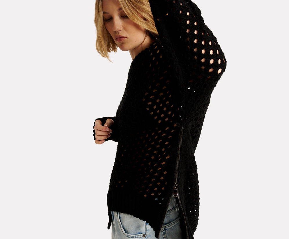 Knitted Fishnet Zip Side Sweater - Black