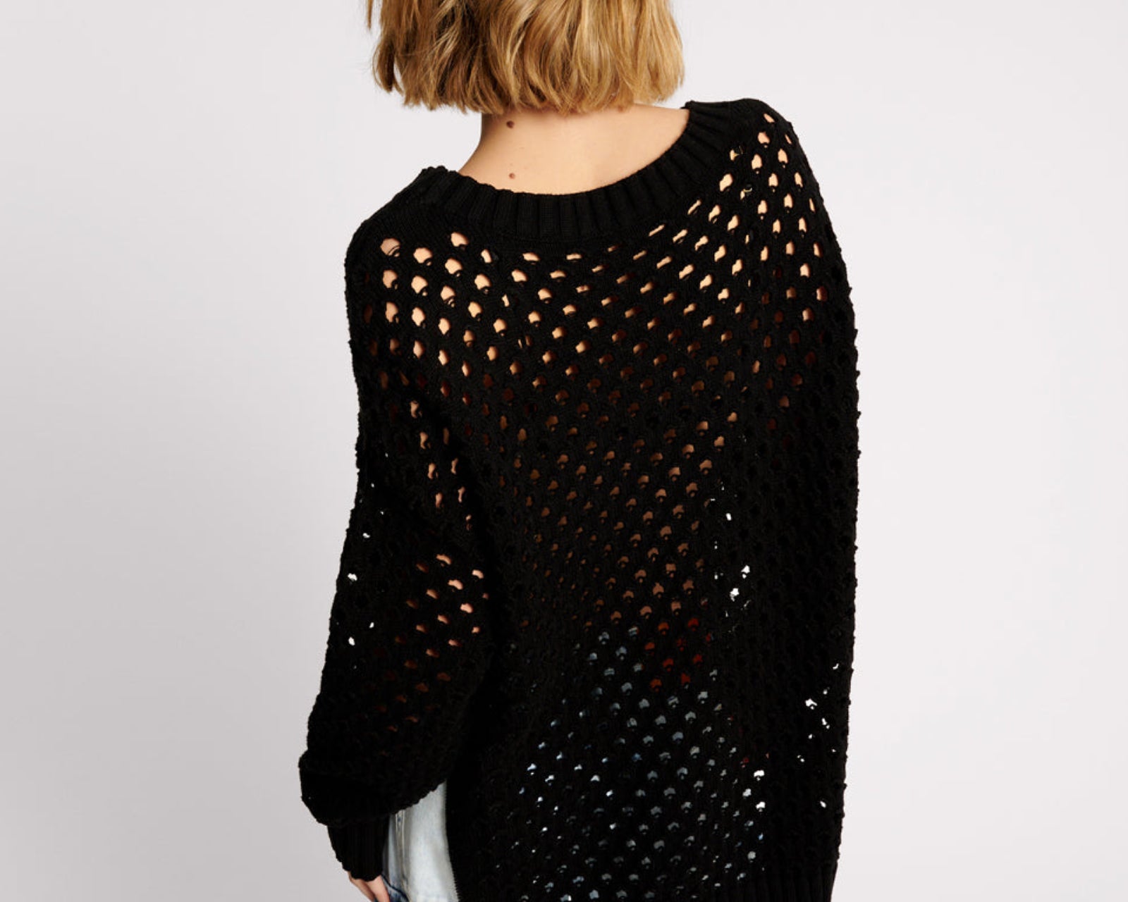 Knitted Fishnet Zip Side Sweater - Black