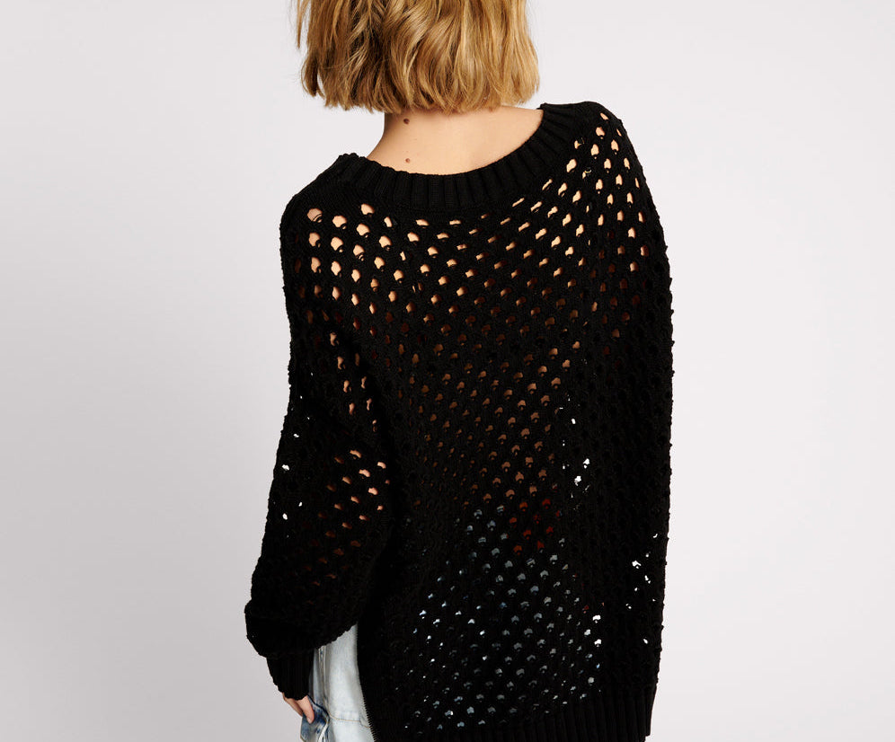 Knitted Fishnet Zip Side Sweater - Black