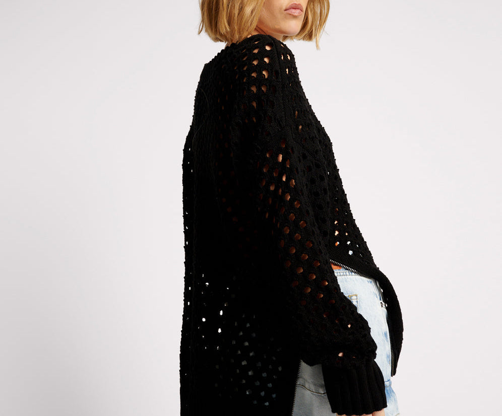 Knitted Fishnet Zip Side Sweater - Black