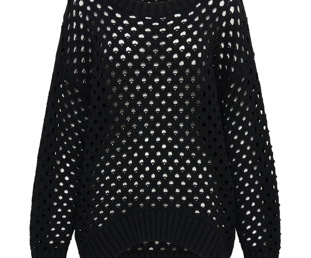 Knitted Fishnet Zip Side Sweater - Black