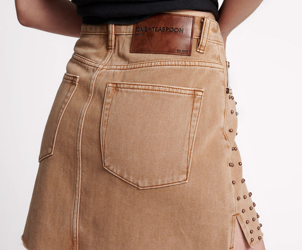 TOBACCO HAND STUDDED 2020 MINI HIGH WAIST DENIM SKIRT