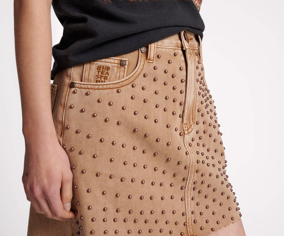TOBACCO HAND STUDDED 2020 MINI HIGH WAIST DENIM SKIRT