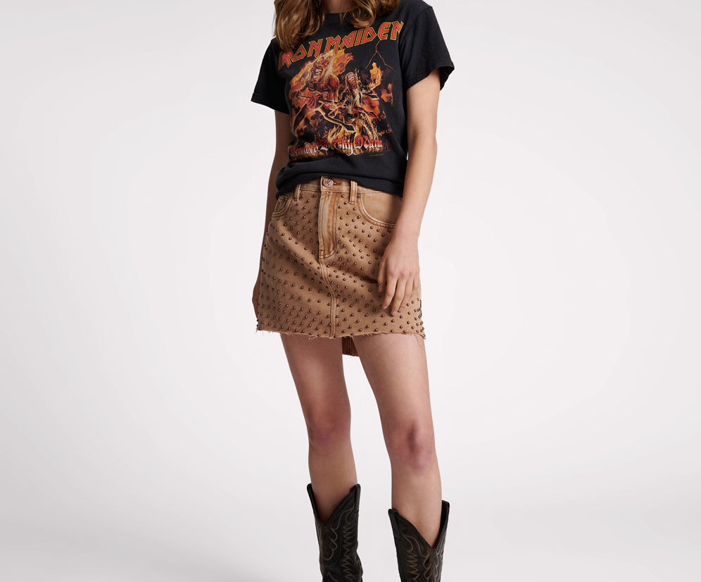 TOBACCO HAND STUDDED 2020 MINI HIGH WAIST DENIM SKIRT