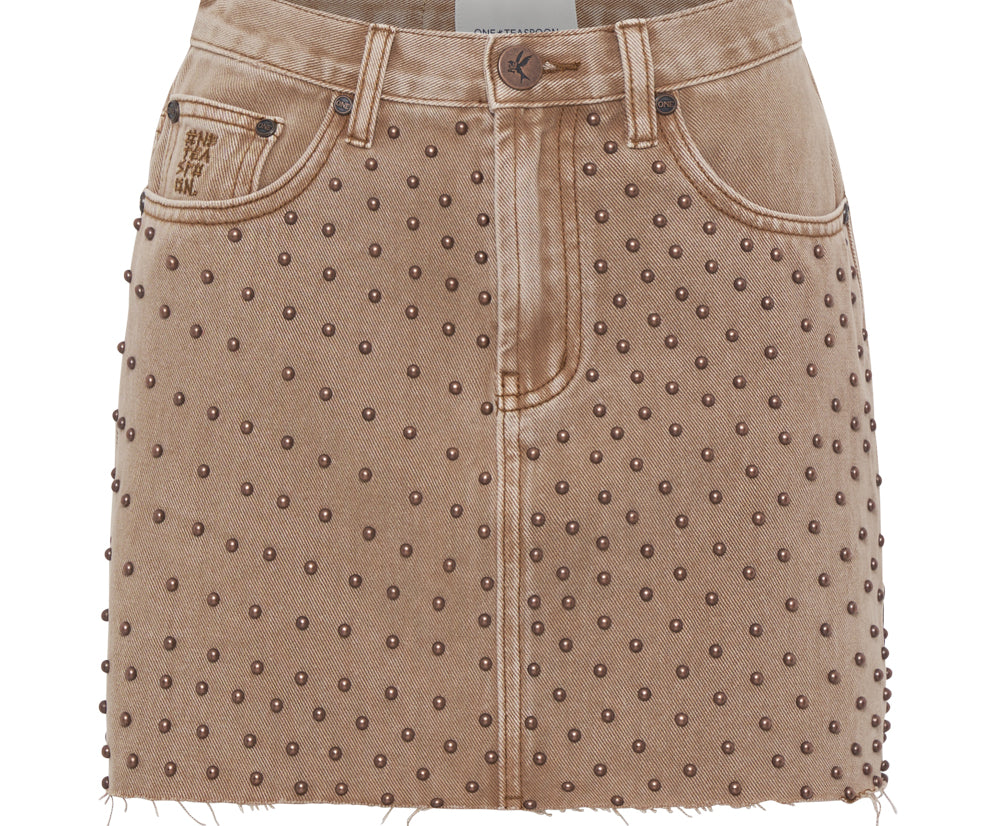 TOBACCO HAND STUDDED 2020 MINI HIGH WAIST DENIM SKIRT
