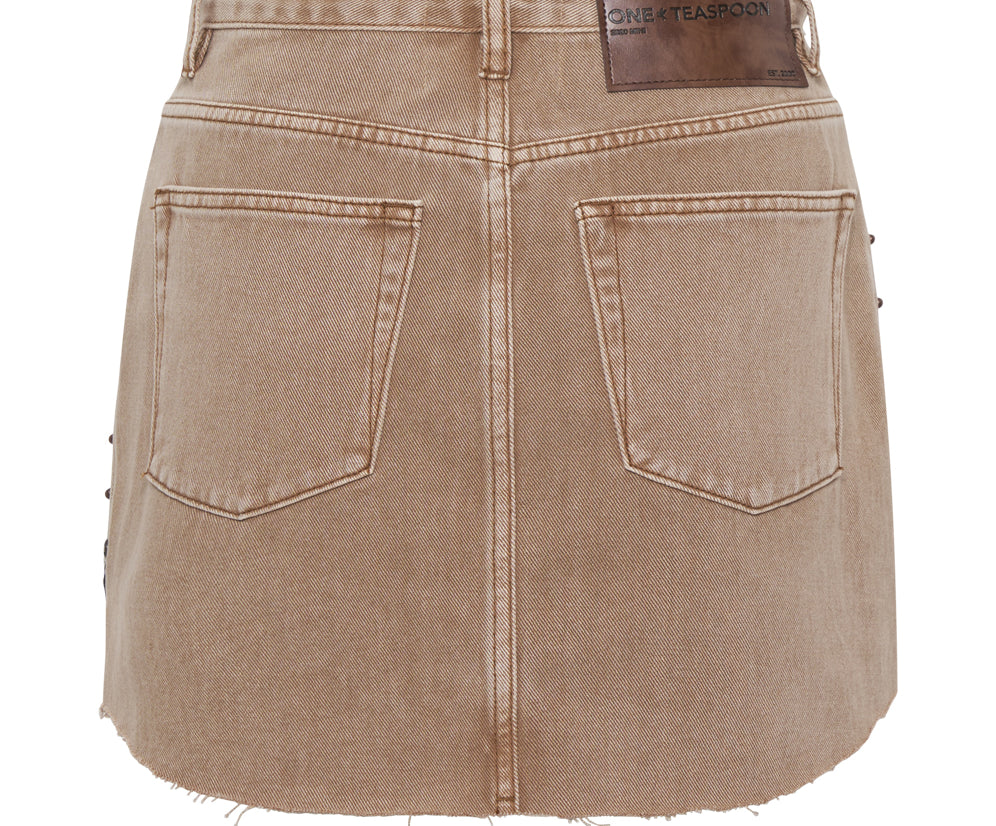 TOBACCO HAND STUDDED 2020 MINI HIGH WAIST DENIM SKIRT