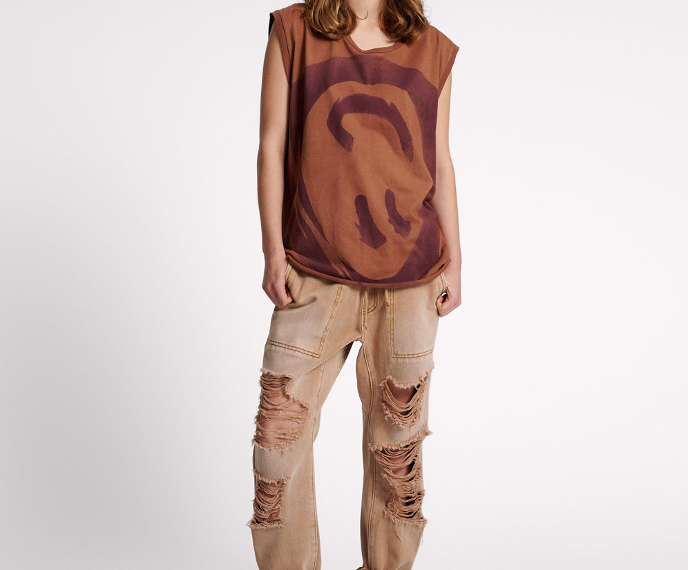Shabbies Low Waist Drawstring Boyfriend Denim Jeans - Tobacco