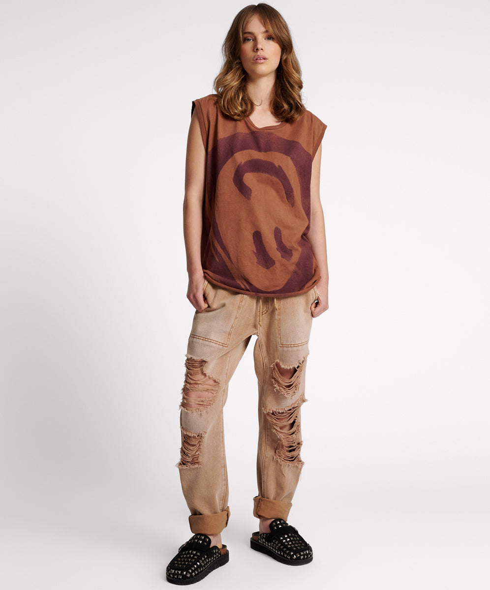 Last Stock Shabbies Low Waist Drawstring Boyfriend Denim Jeans - Tobacco