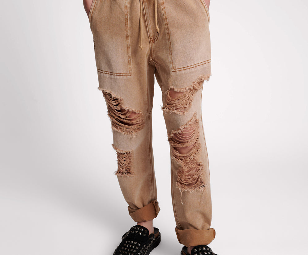 Shabbies Low Waist Drawstring Boyfriend Denim Jeans - Tobacco