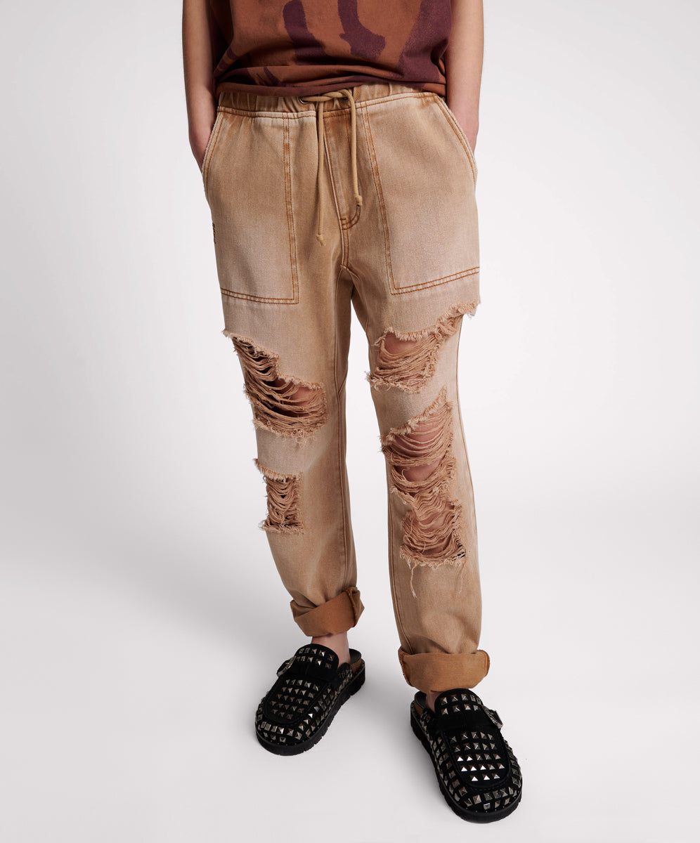 Last Stock Shabbies Low Waist Drawstring Boyfriend Denim Jeans - Tobacco
