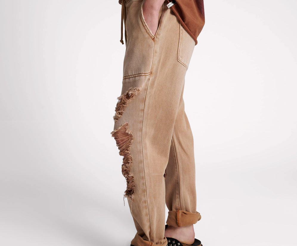 Shabbies Low Waist Drawstring Boyfriend Denim Jeans - Tobacco