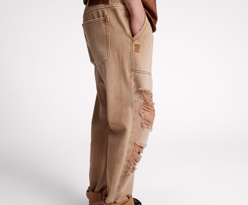 Shabbies Low Waist Drawstring Boyfriend Denim Jeans - Tobacco