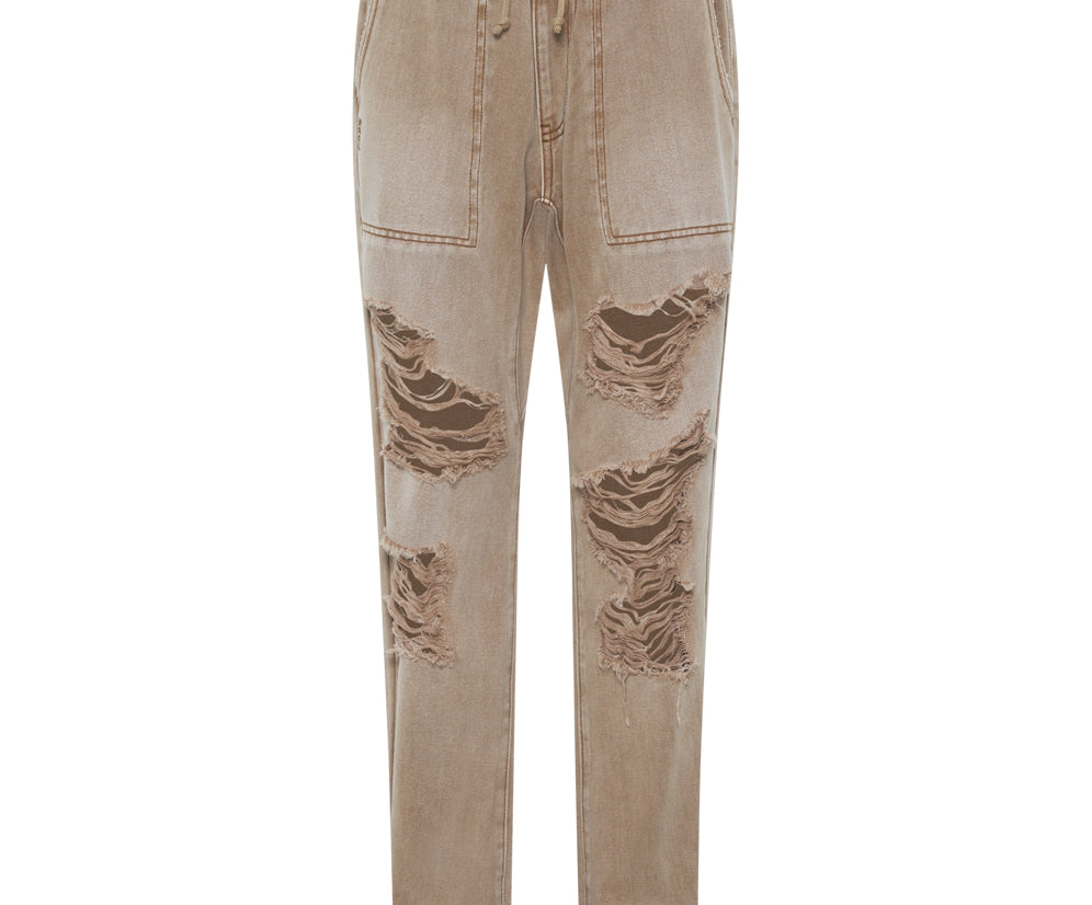 Shabbies Low Waist Drawstring Boyfriend Denim Jeans - Tobacco