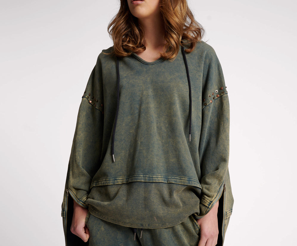 Studded Track Warm Up Sweater Hoody - Petrol Green