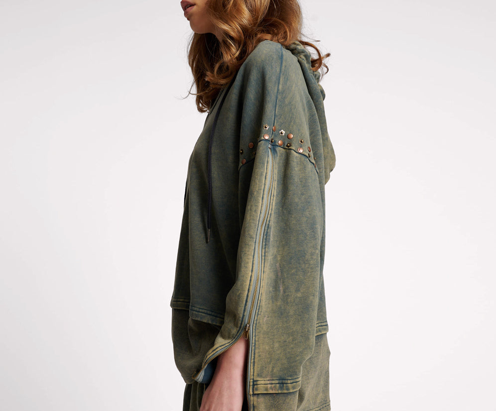 Studded Track Warm Up Sweater Hoody - Petrol Green