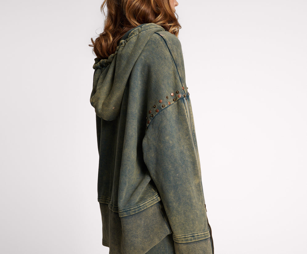 Studded Track Warm Up Sweater Hoody - Petrol Green