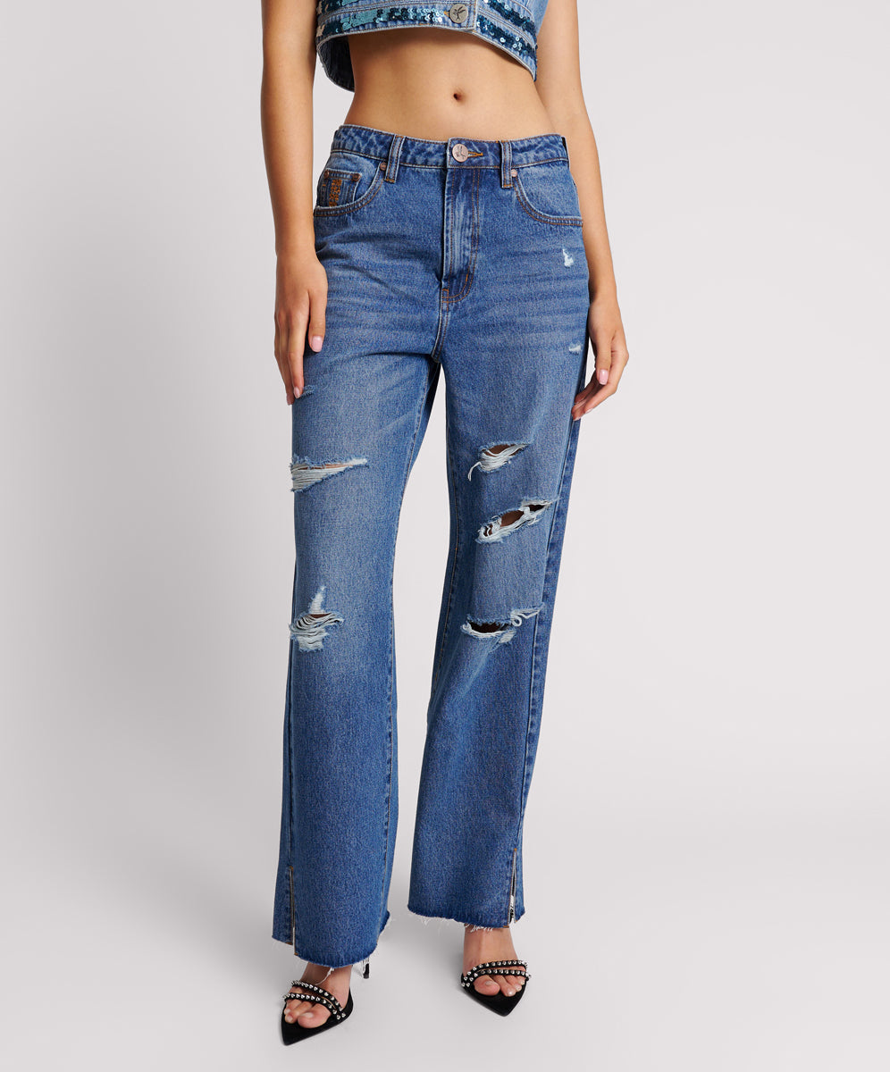 Products Billie Low Slung Straight Leg Mid Waist Denim Jeans - True Blue