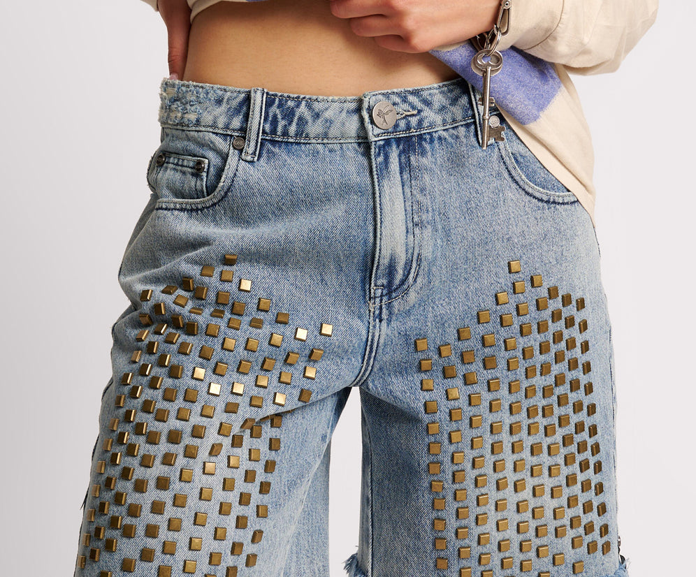 Jacksons Mid Waist Wide Leg Studded Denim Shorts - Salty Dog