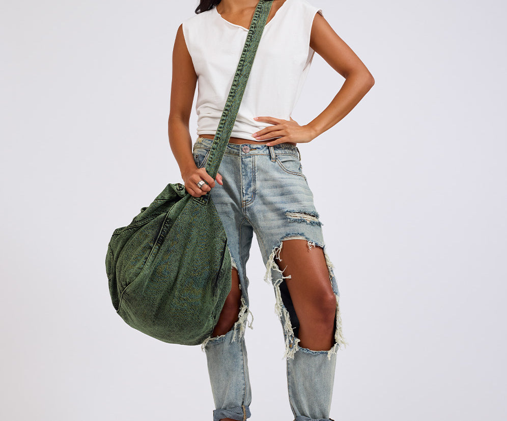 Denim Overnighter Duffle Bag - Black Khaki