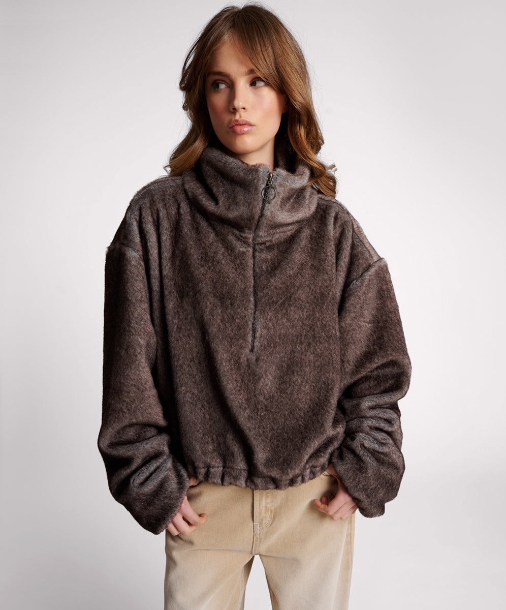 Last Stock Sauvage Faux Fur Cropped Pullover Jacket - Ash
