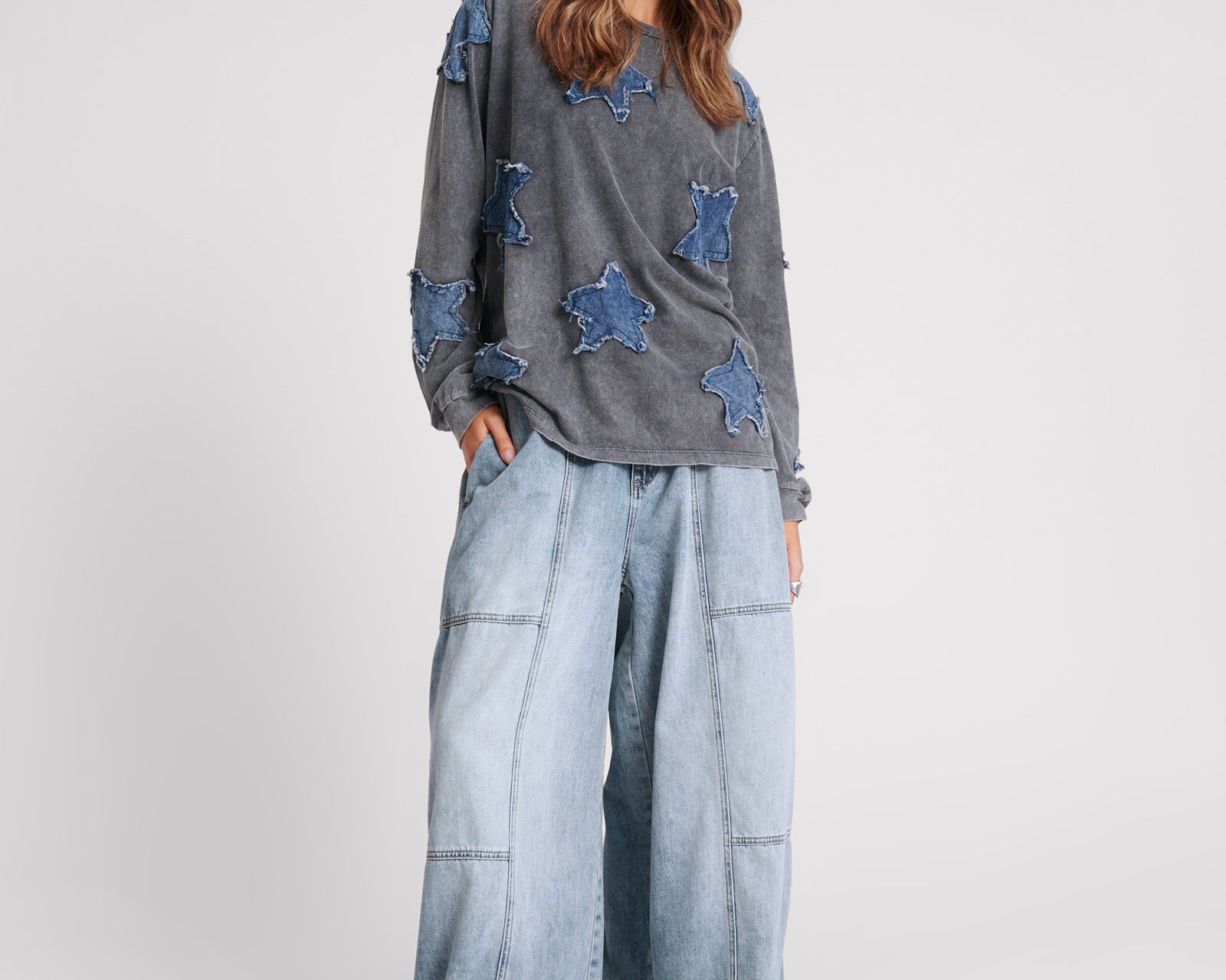 Palazzo Mid Waist Denim Jeans - Blue Blossom