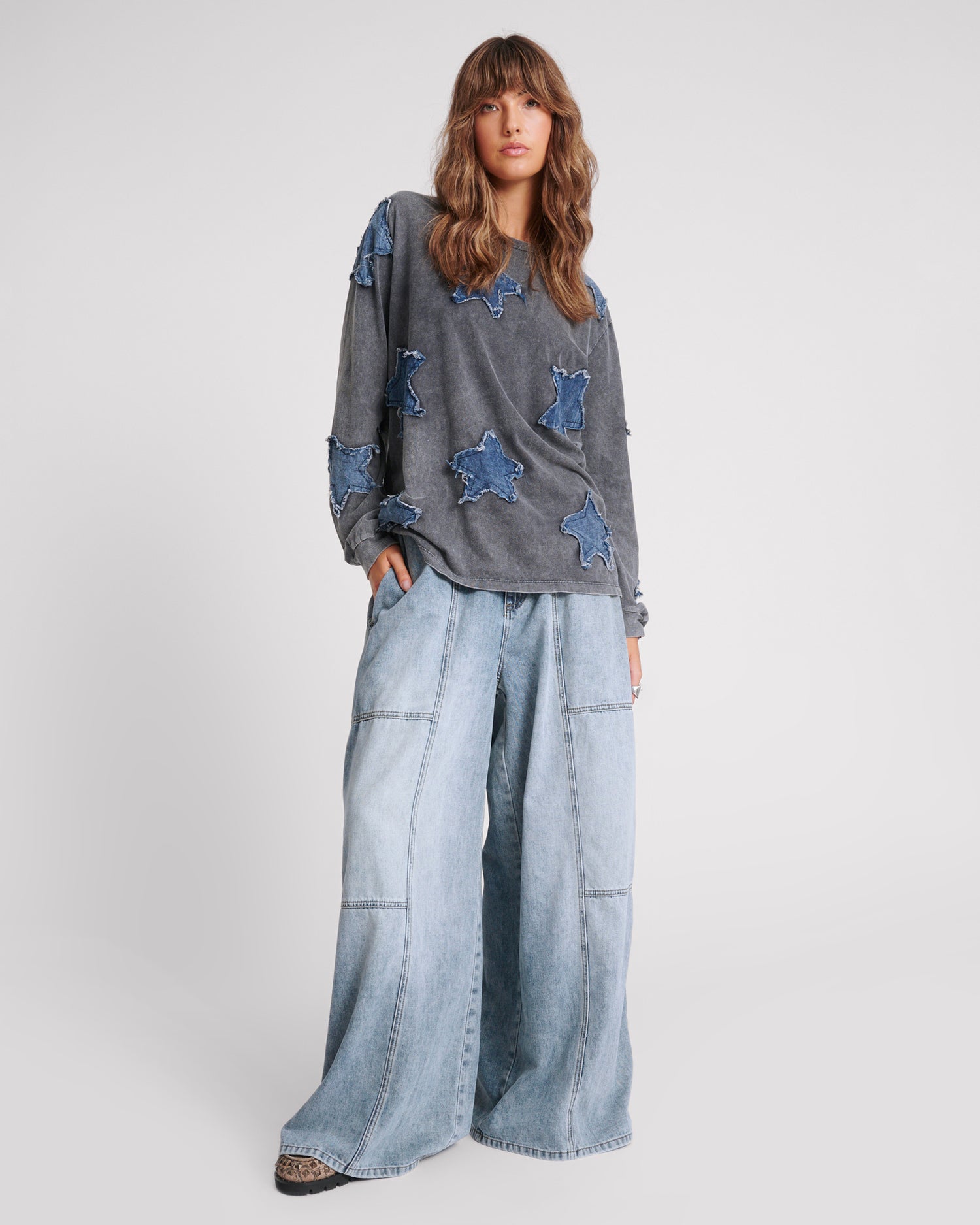 Products Palazzo Mid Waist Denim Jeans - Blue Blossom
