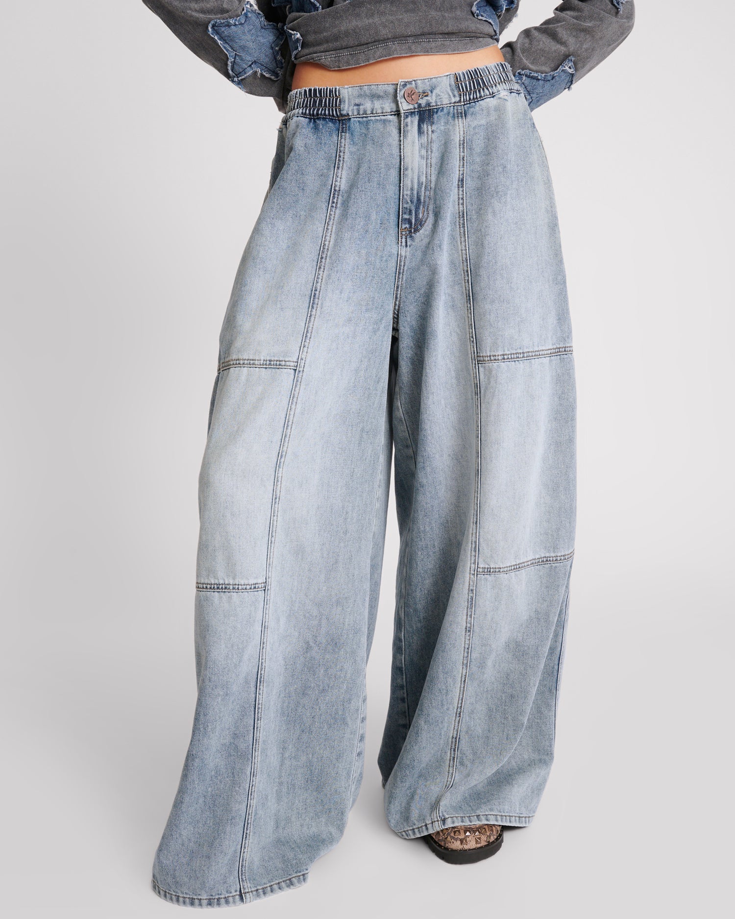 Products Palazzo Mid Waist Denim Jeans - Blue Blossom