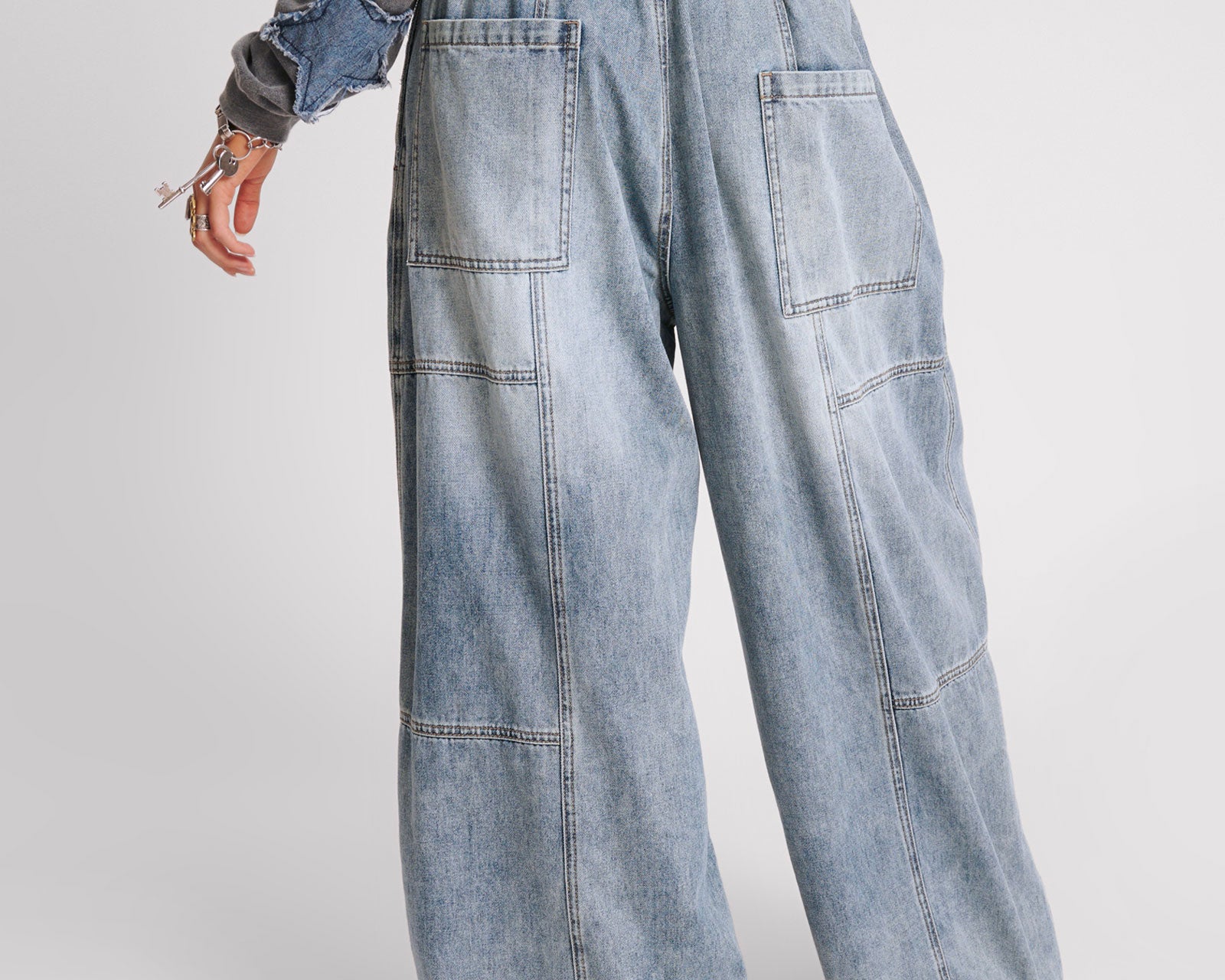 Palazzo Mid Waist Denim Jeans - Blue Blossom