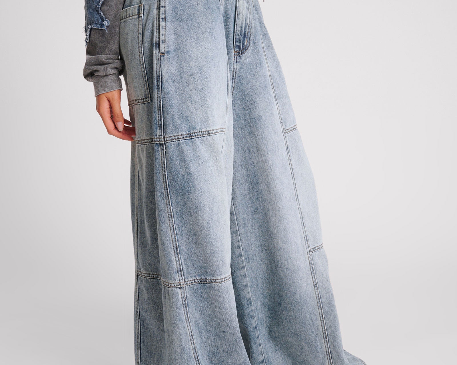 Palazzo Mid Waist Denim Jeans - Blue Blossom