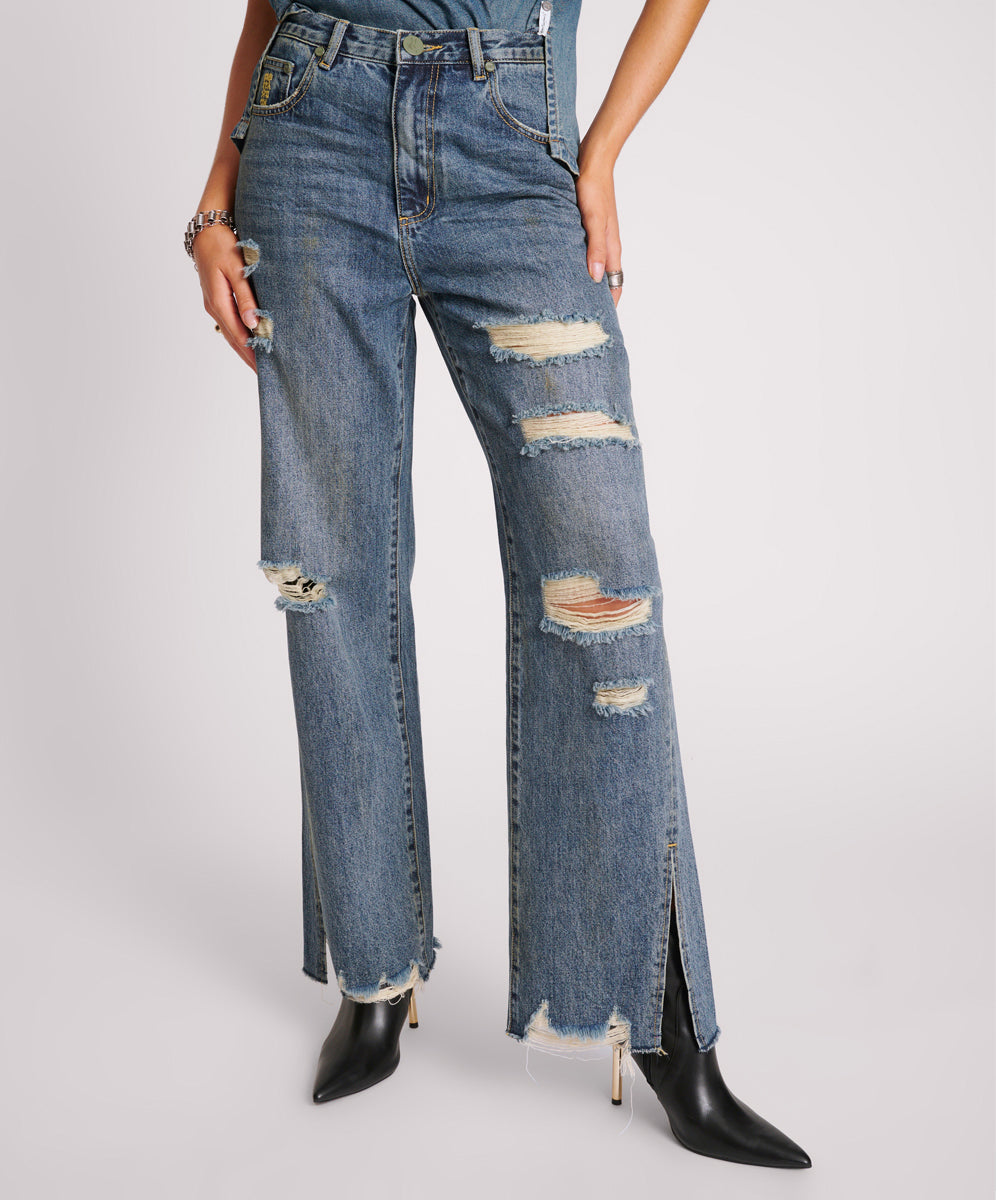 Women's Denim Jeans Billie Low Slung Straight Leg Mid Waist Denim Jeans - Used Blue