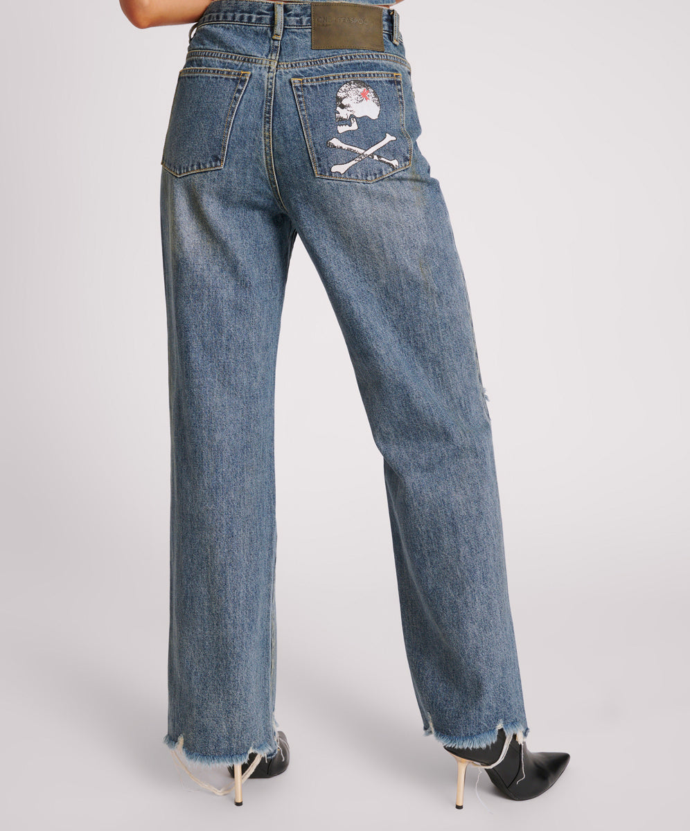Women's Denim Jeans Billie Low Slung Straight Leg Mid Waist Denim Jeans - Used Blue