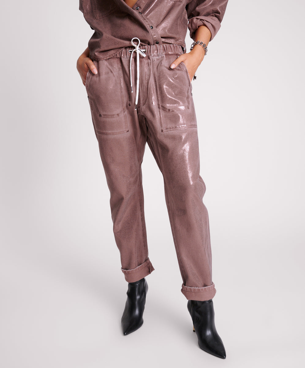 Last Stock Shabbies Low Waist Drawstring Boyfriend Denim Jeans - Bronzed Chocolate