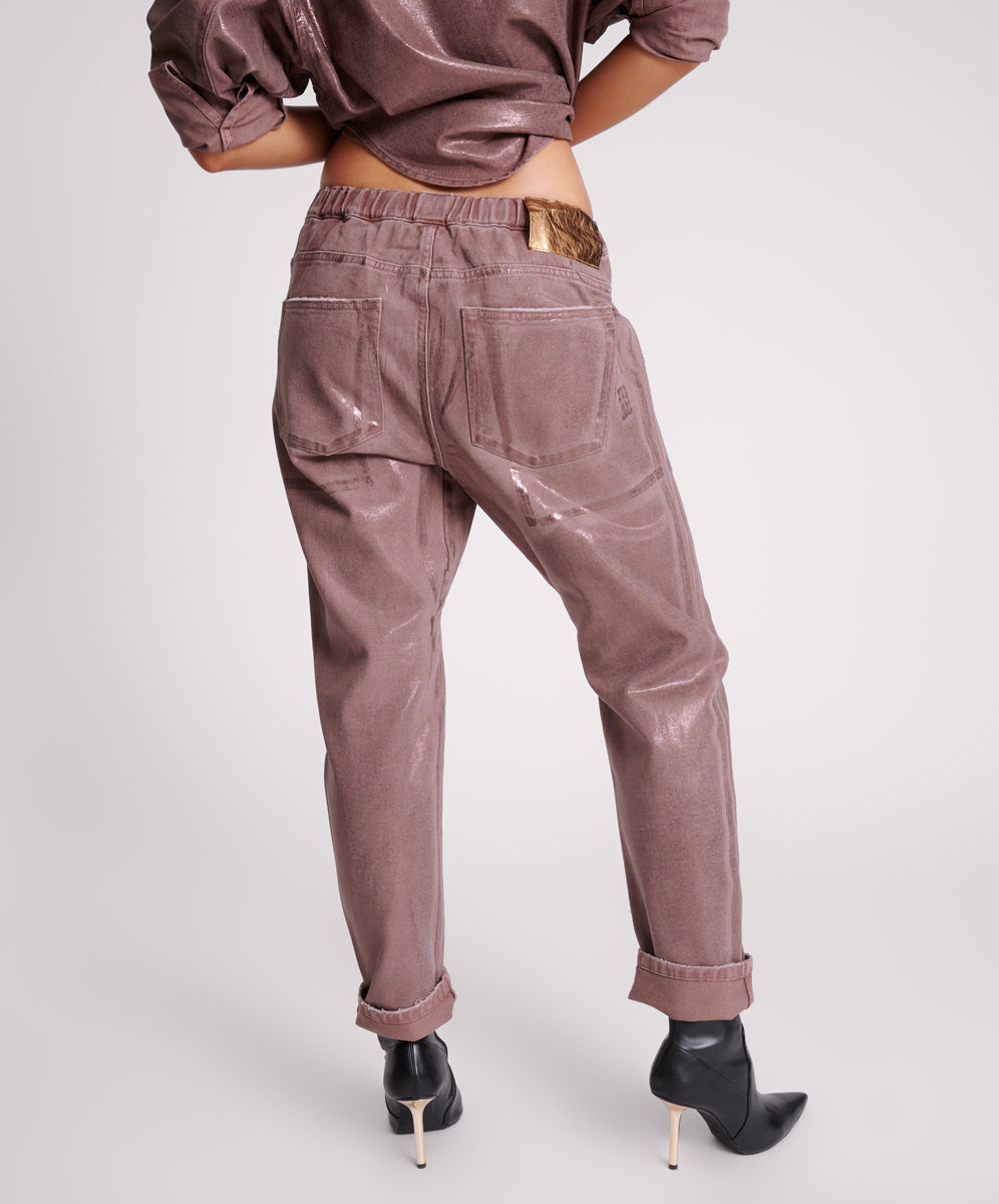 Last Stock Shabbies Low Waist Drawstring Boyfriend Denim Jeans - Bronzed Chocolate