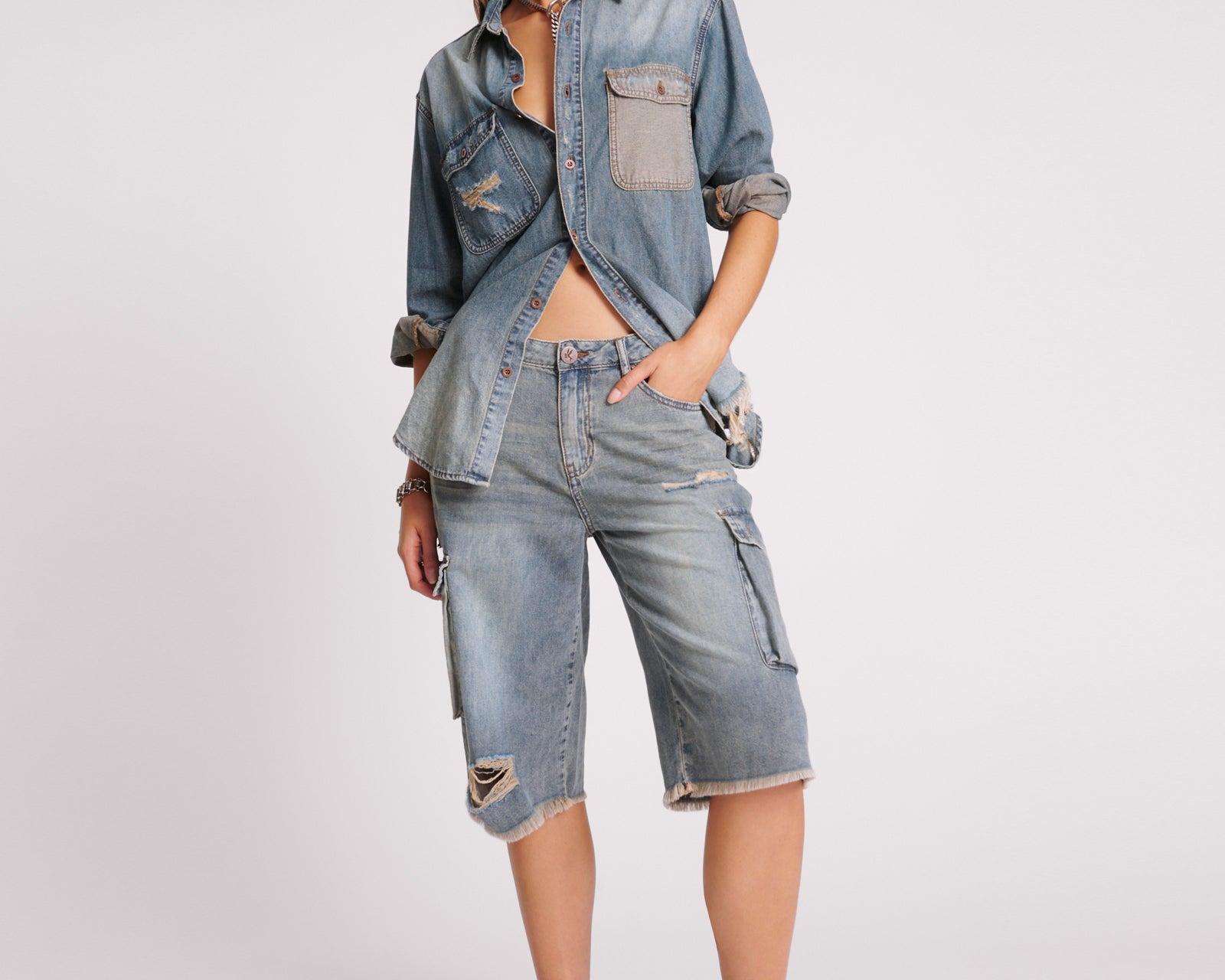 Skater Girl Low Wast Long Leg Shorts - Dirty Blue