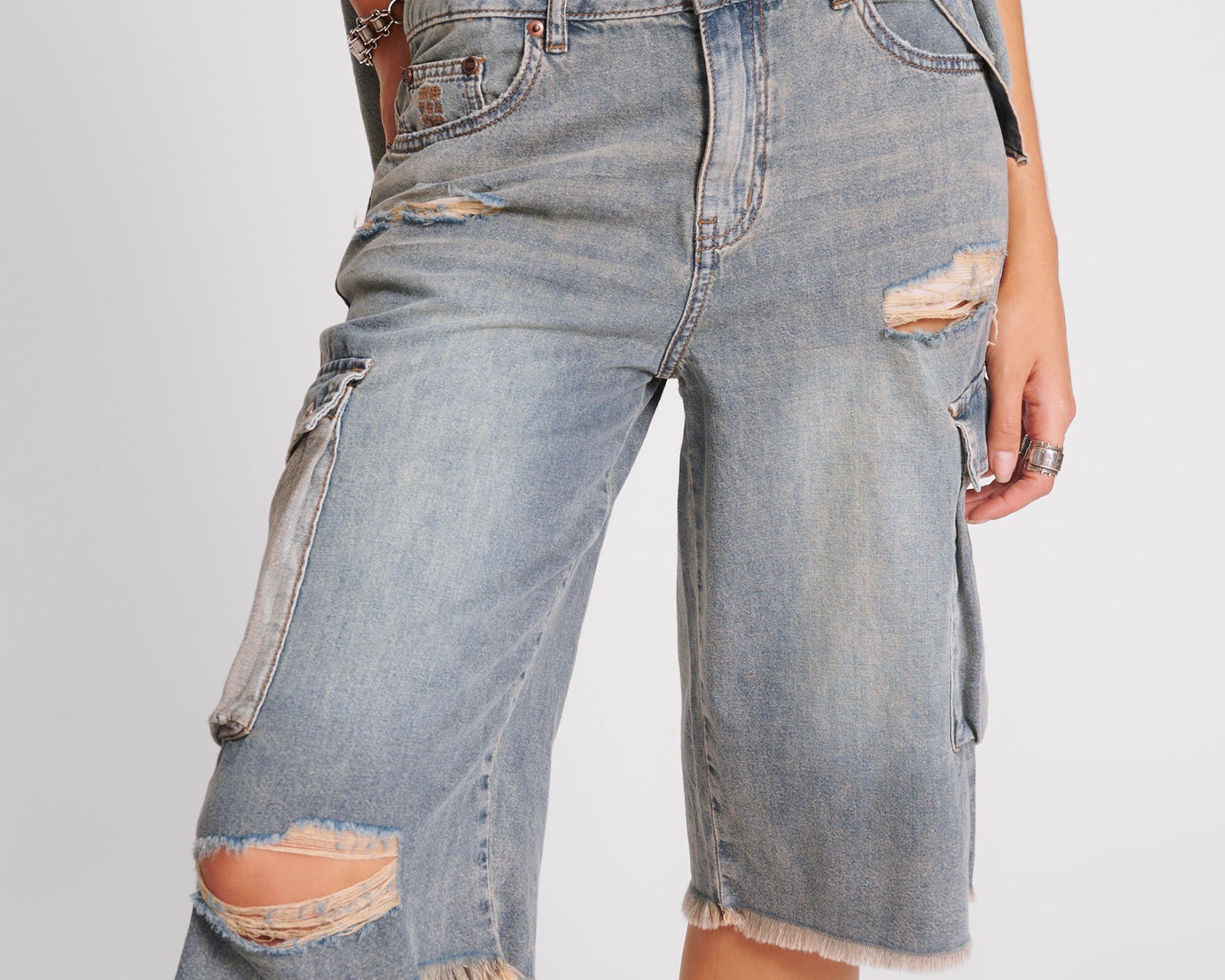 Skater Girl Low Wast Long Leg Shorts - Dirty Blue