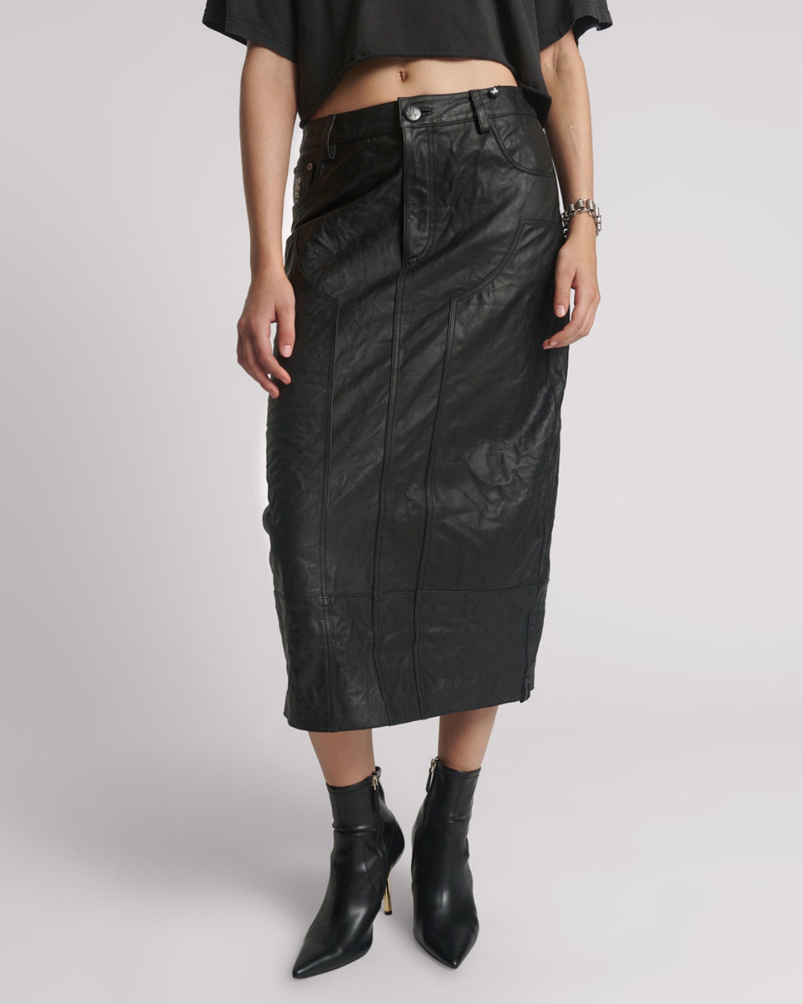 Cassidy Leather Column Midi Skirt - Black | One Teaspoon