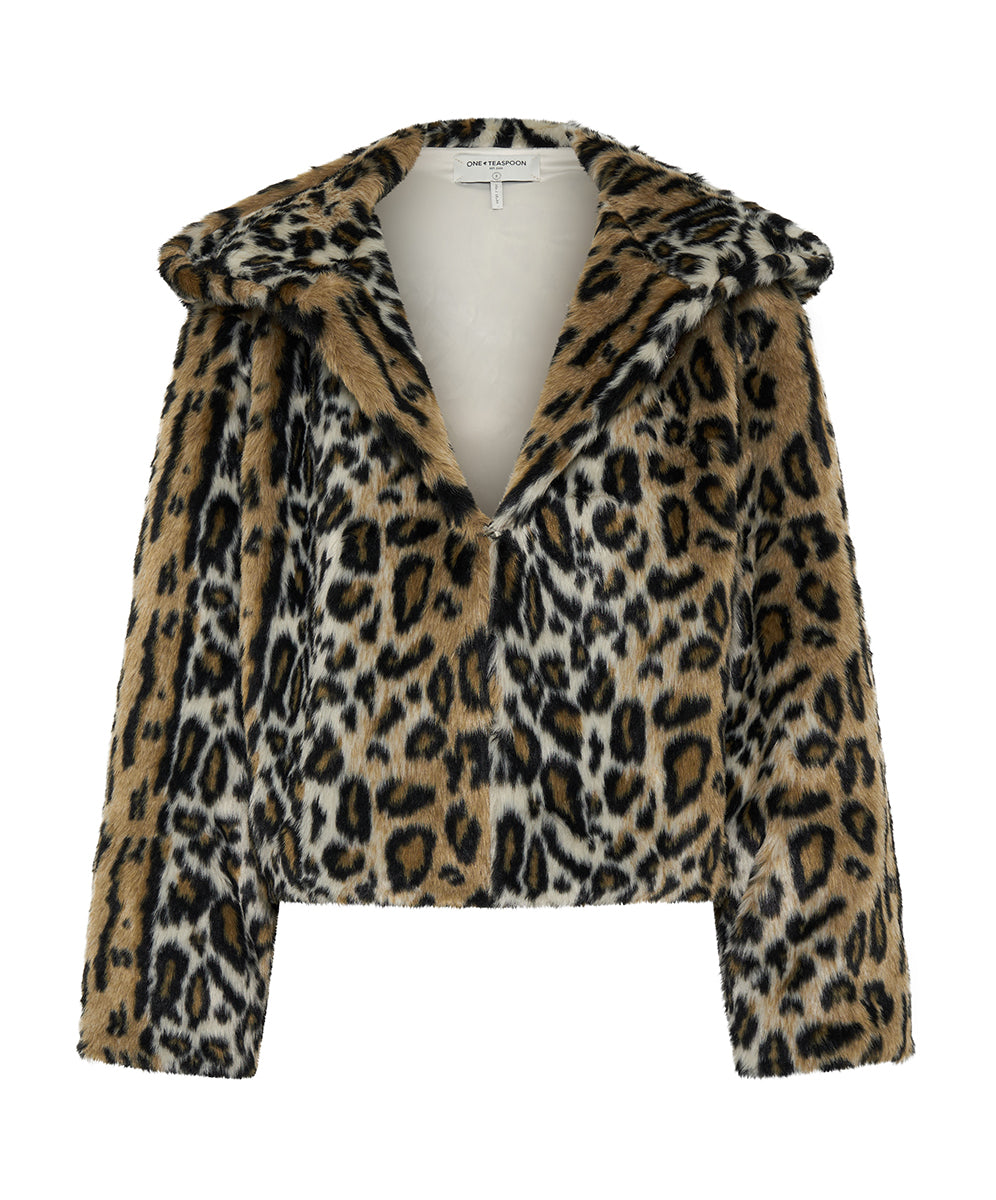 Faux Fur Leopard Split Hood Jacket - Animal | One Teaspoon