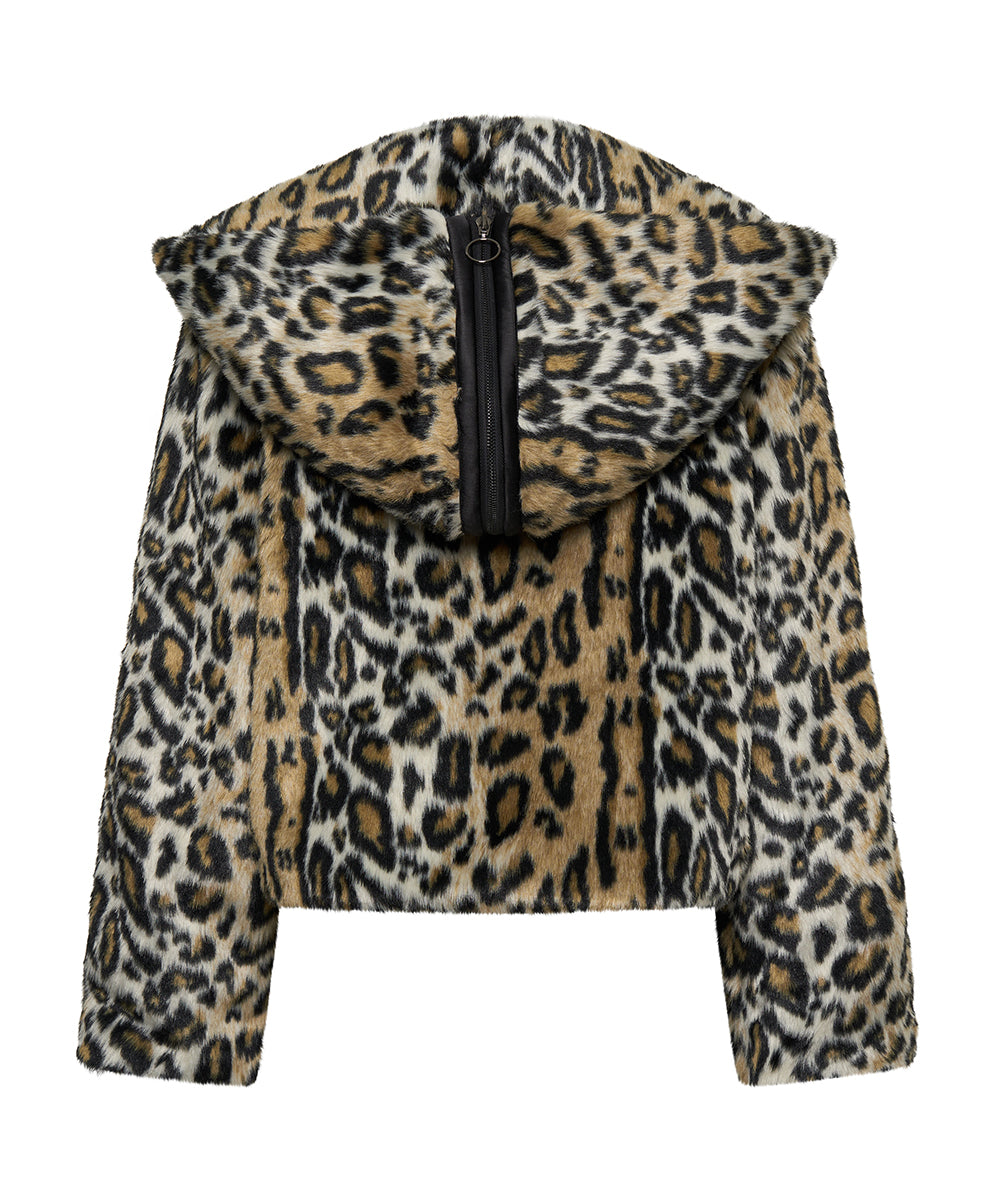 Faux Fur Leopard Split Hood Jacket Animal