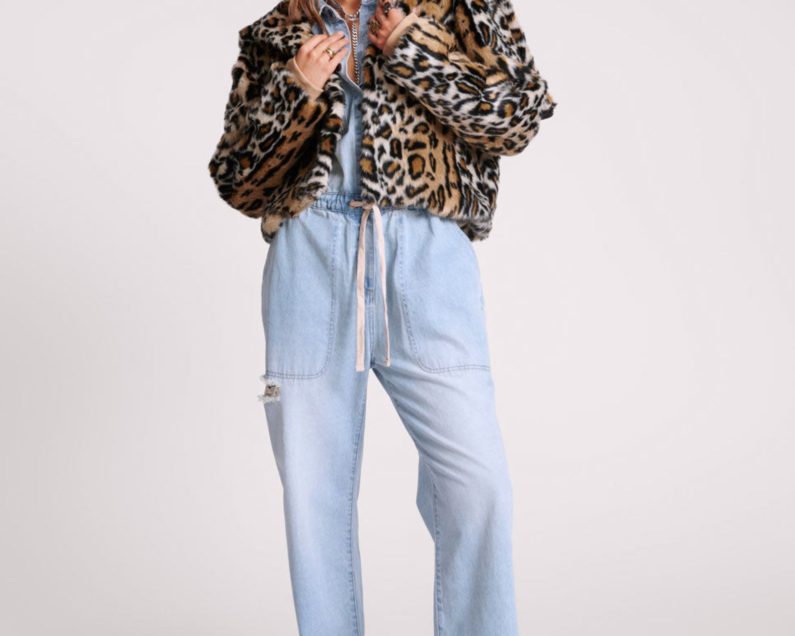 Faux Fur Leopard Split Hood Jacket - Animal