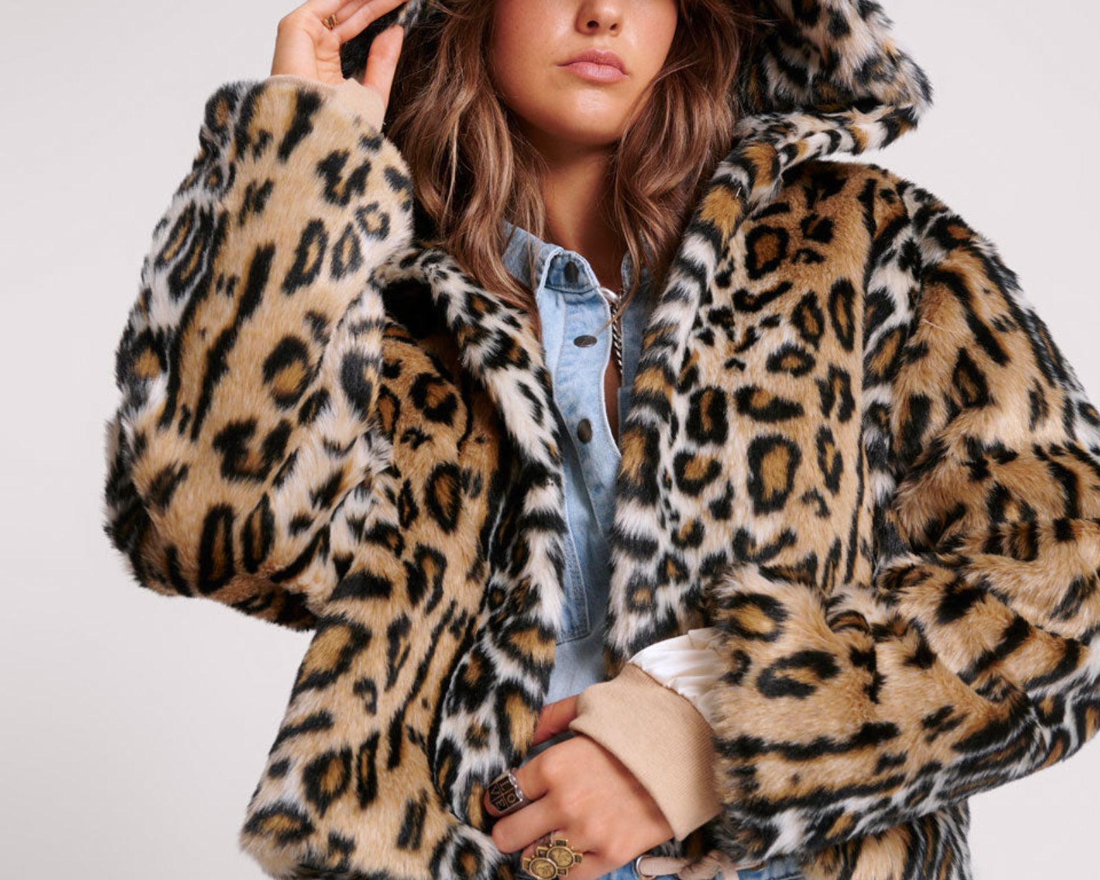 Faux Fur Leopard Split Hood Jacket - Animal