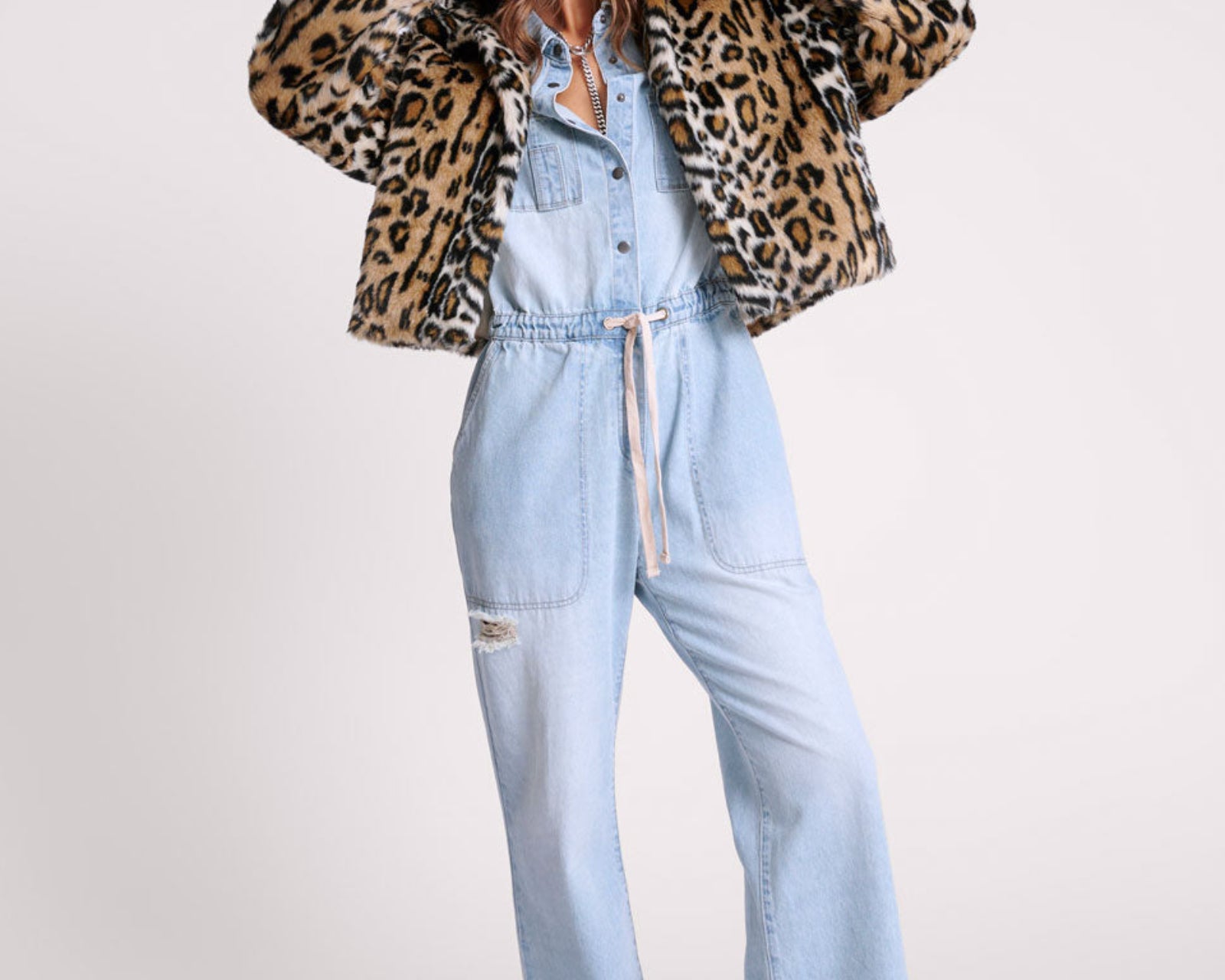 Faux Fur Leopard Split Hood Jacket - Animal