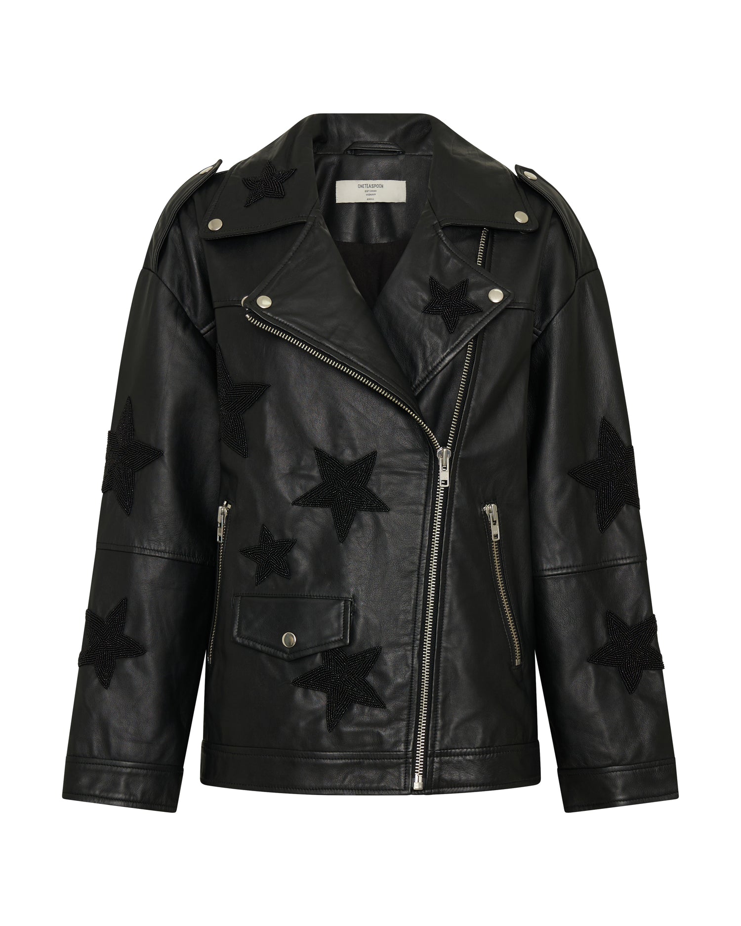  Biker Boyfriend Embellished Moto Leather Jacket - Black Star
