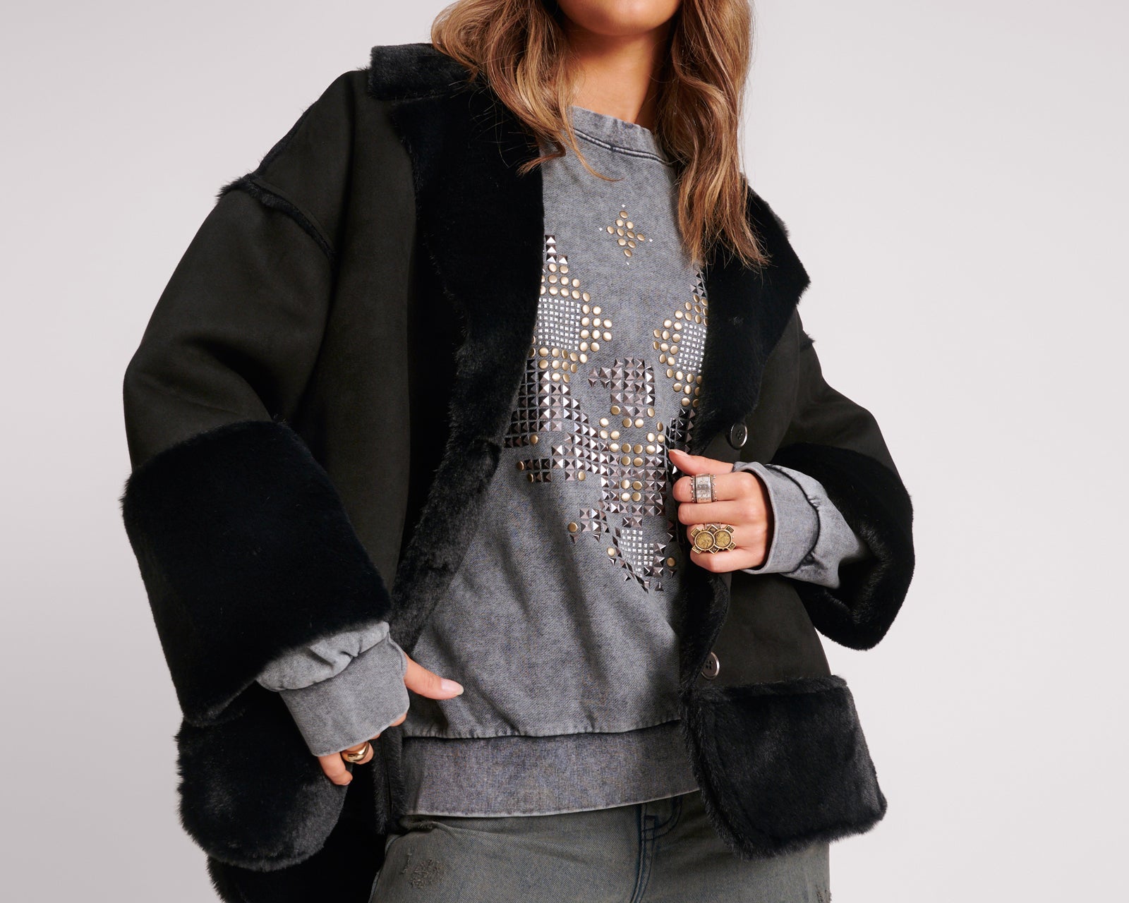 Faux Shearling Aviator Coat - Black