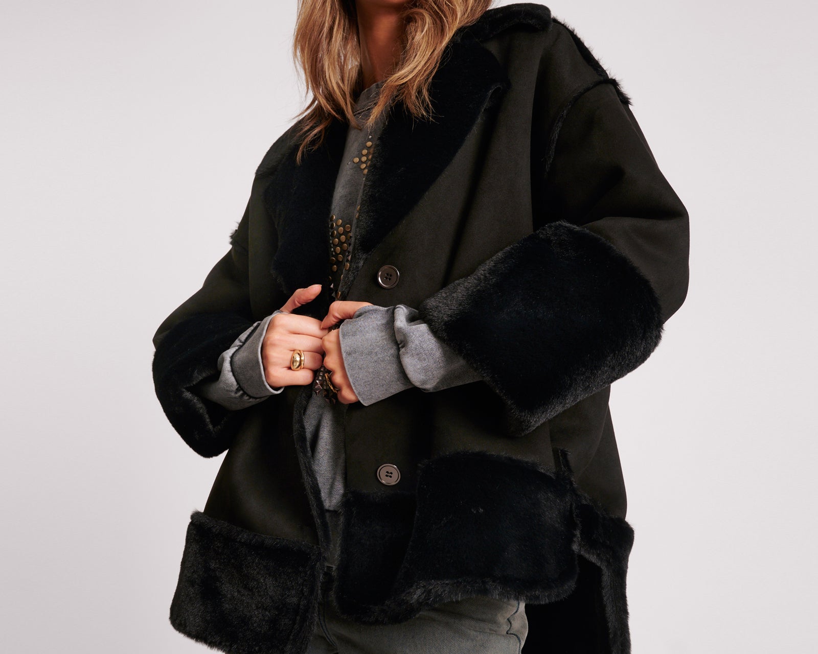 Faux Shearling Aviator Coat - Black
