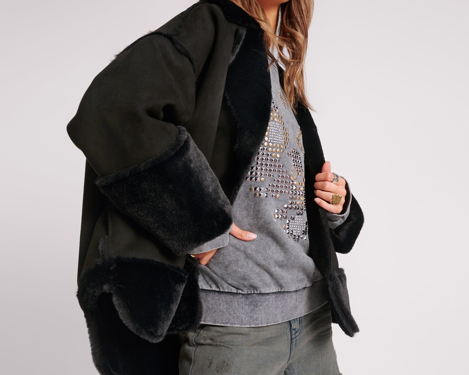Faux Shearling Aviator Coat - Black