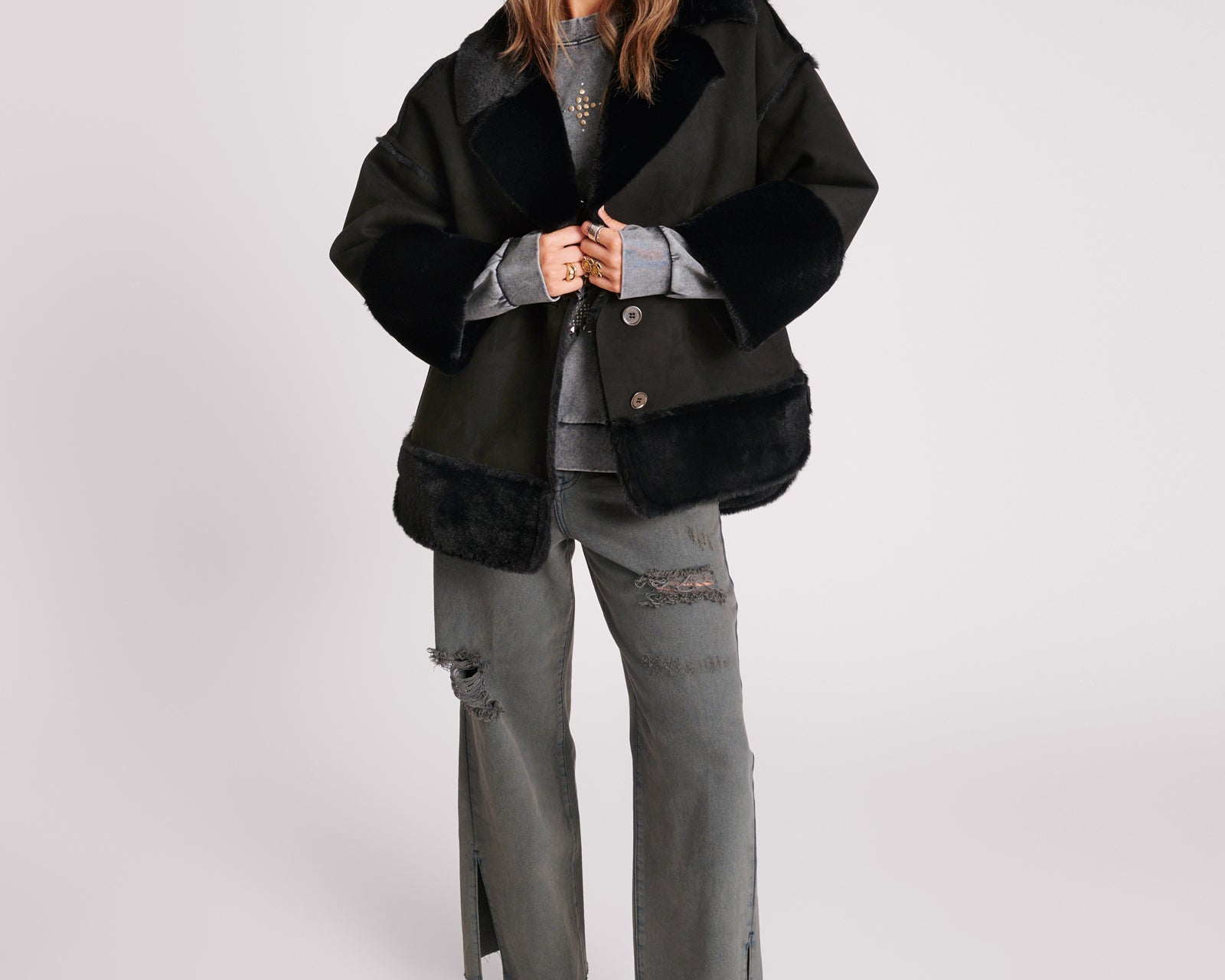 Faux Shearling Aviator Coat - Black