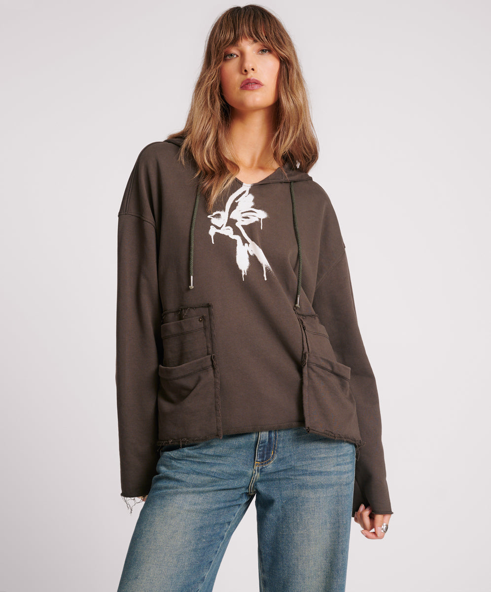 Products Graffiti Bird Oversized Pocket Hoodie - Volcanic